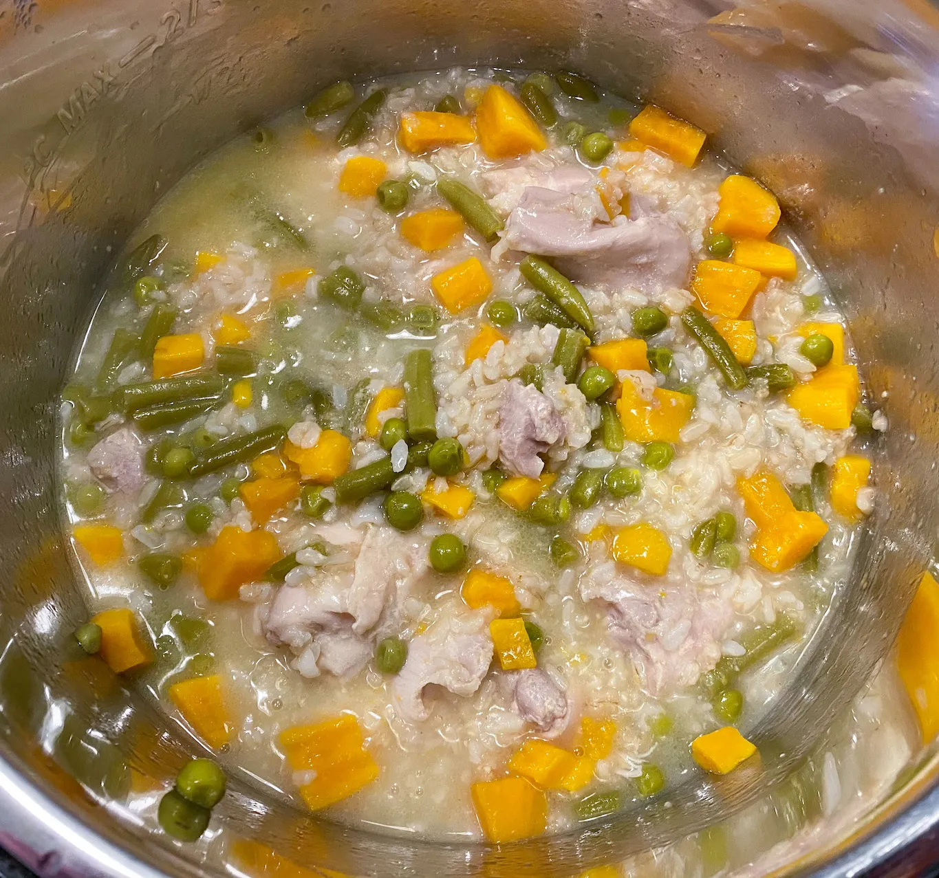 Hand stirring and breaking apart the cooked chicken and rice stew for dogs in the Instant Pot
