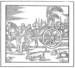 Historical illustration of an early Basset Hound from the 1562 book "La Venerie," showing its ancestral form.