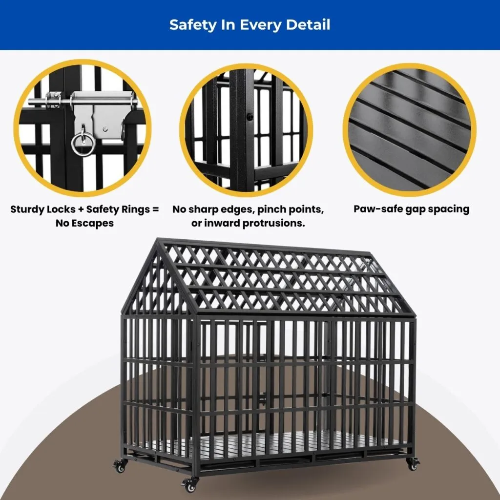 House-shaped dark metal dog kennel with pitched roof, shown with close-ups of secure latch, smooth joints, and paw-safe bar spacing—designed for pet safety.