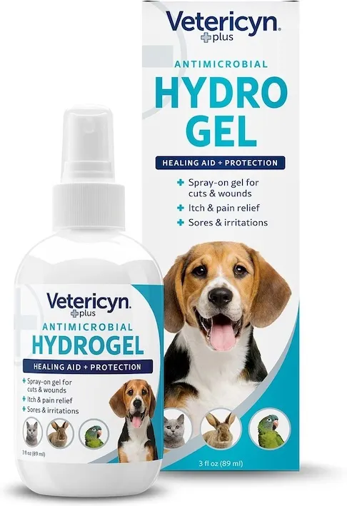 Hydrogel healing aid spray for pets, shown with a dog, cat, and horse