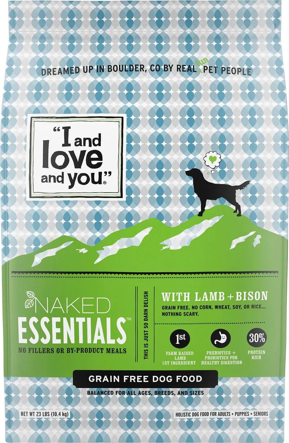 I and Love and You Naked Essentials Grain-Free Lamb and Bison Dry Dog Food Packaging