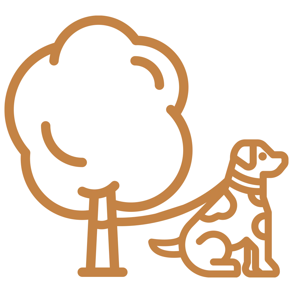 Icon of a dog on a tie-out with a red 'no' symbol