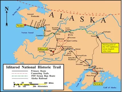Iditarod Trail Map highlighting the route of the serum run