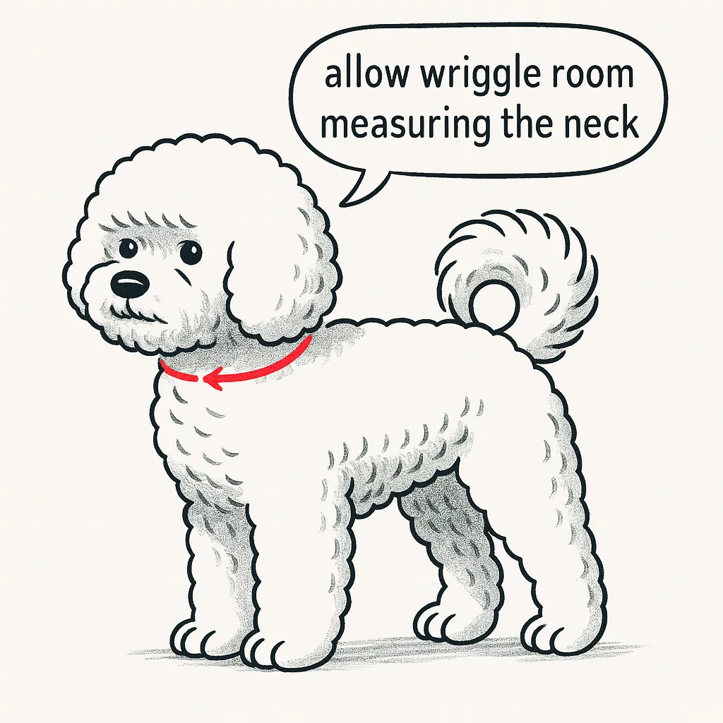 Illustration demonstrating how to measure a dog's neck for a green leather collar, ensuring a comfortable and secure fit