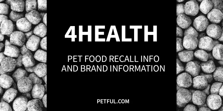 Illustration showing various 4health pet food products and a "Recall" stamp, representing past 4health recalls and potential safety concerns for dog and cat food.