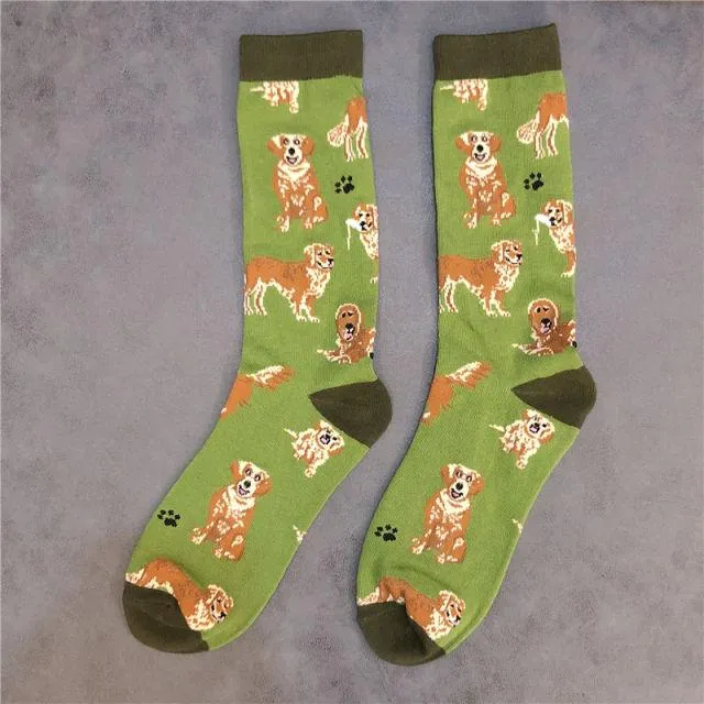 Image of a Golden Retriever socks made of soft cotton, and featuring the most adorable infinite Golden Retrievers design