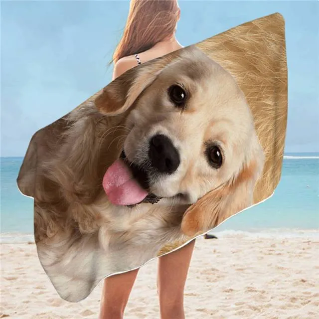 Image of a lady flaunting Golden Retriever beach towel at the beach in smiling Golden Retriever design