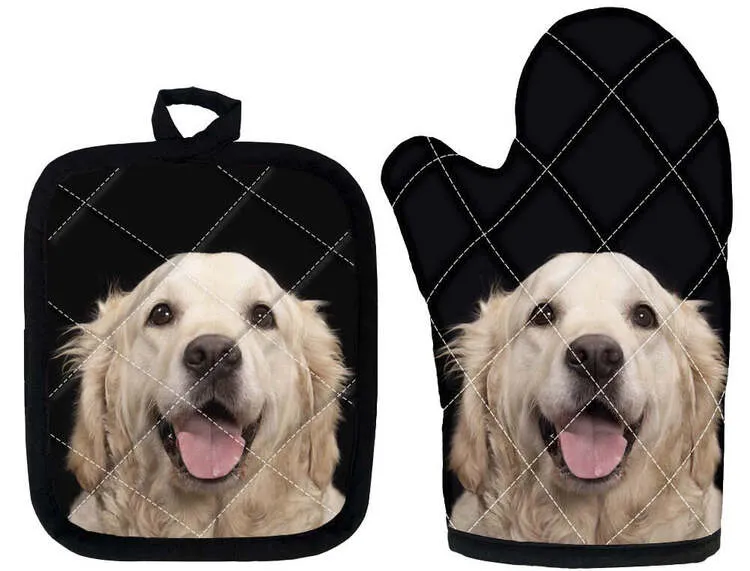 Image of an adorable Golden Retriever oven mitts glove and pot holder set