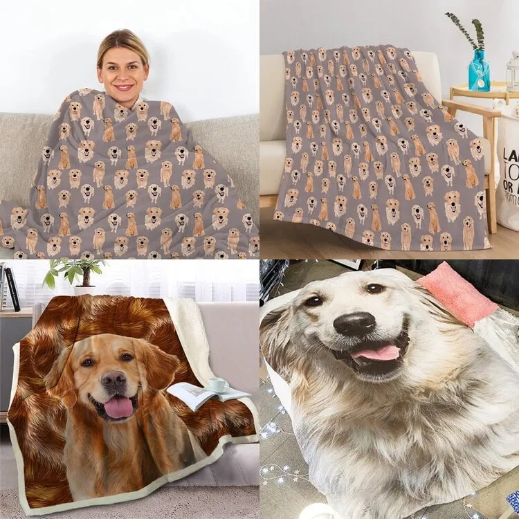 Image of four beautiful Golden Retriever blankets in different Golden Retriever designs