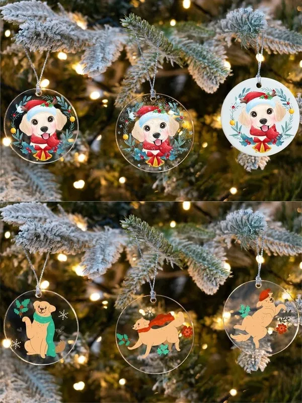 Image of six Golden Retriever Christmas ornaments in hanged on Christmas tree