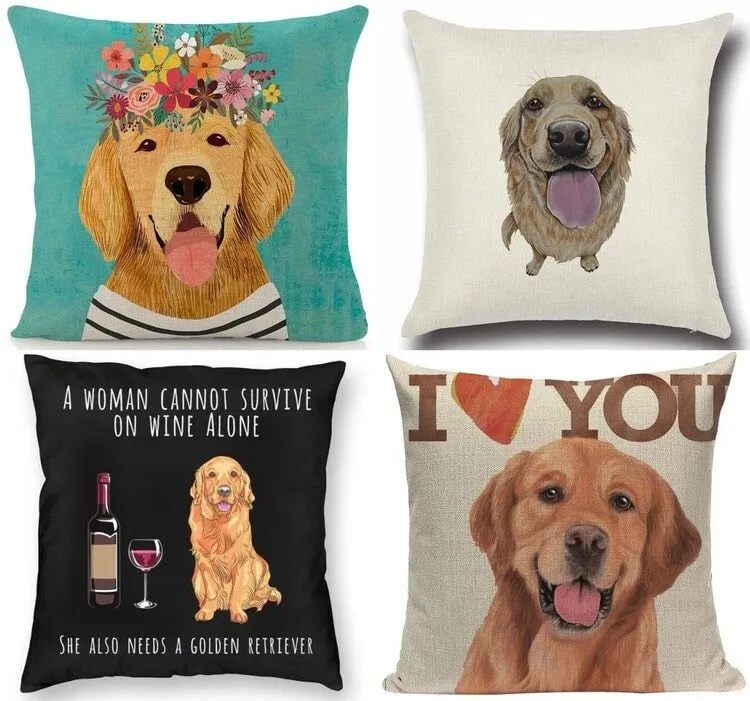 Image of the collage of four adorable Golden Retriever pillow cases and cushion covers