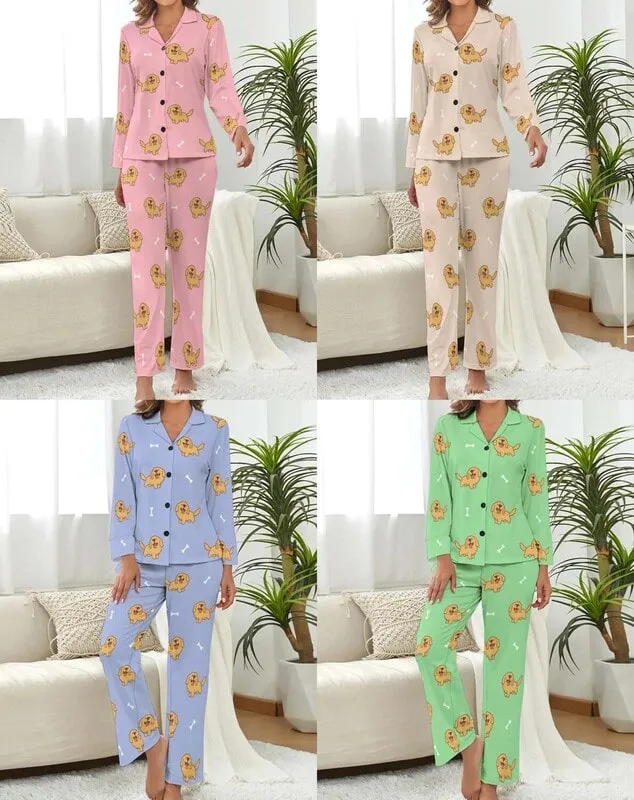 Image of the collage of lady wearing four Golden Retriever pajamas set in different colors and infinite Golden Retriever print design