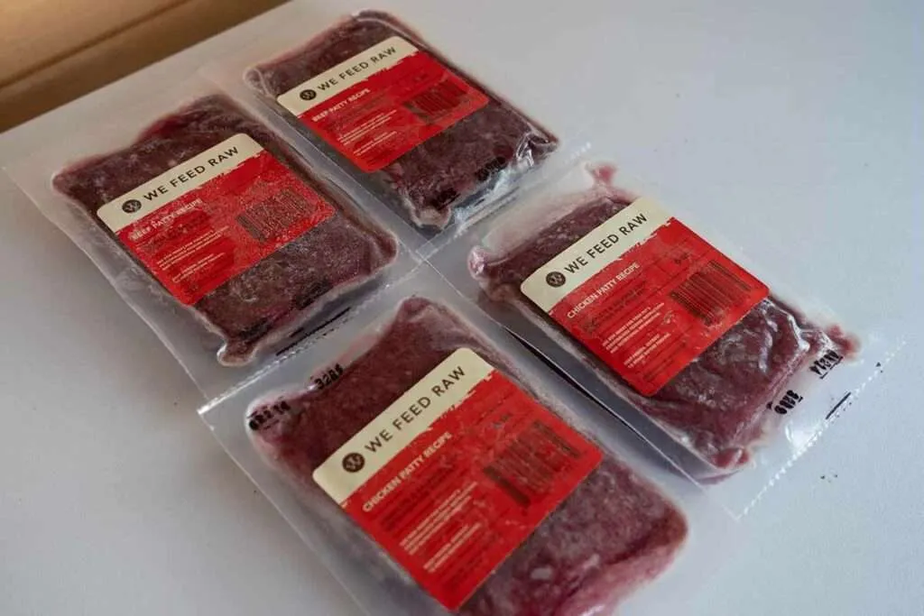 Individual We Feed Raw patties arranged for dog feeding
