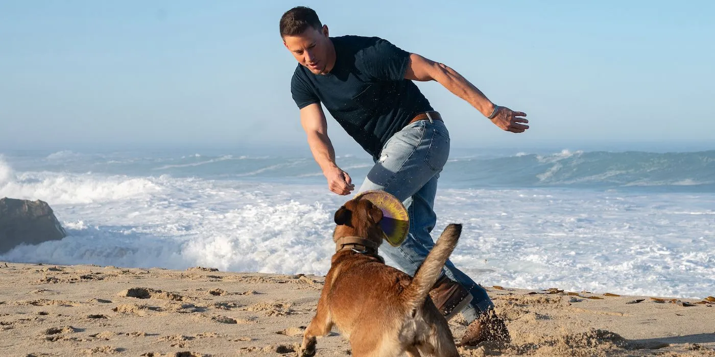 Jackson Briggs, played by Channing Tatum, running on a beach with Lulu, the Belgian Malinois dog, from the movie Dog, highlighting their developing bond.