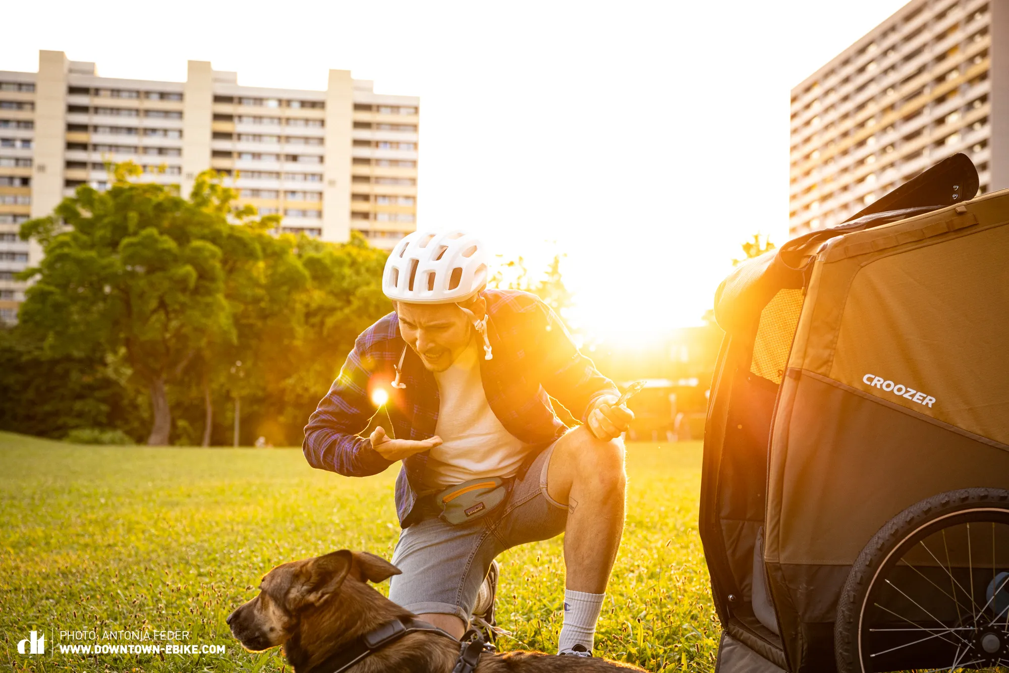 Jan attempts to encourage his dog, Maja, to enter the dog trailer in a park at sunset.