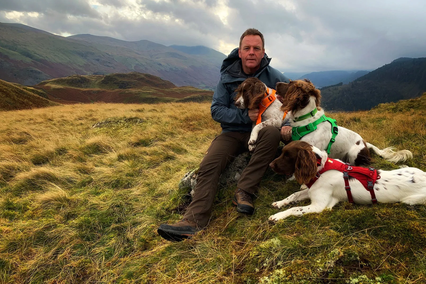 Kerry poses outdoors with his three dogs, Max, Paddy, and Harry, all wearing colorful Ruffwear harnesses.