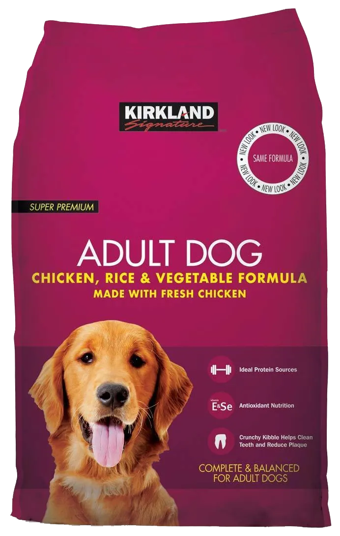 Kirkland Signature dry dog food bag with 5-star rating