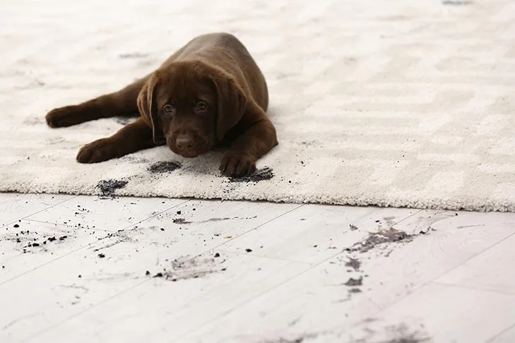 Labrador retriever puppy laying next to its tracks of mud at home.