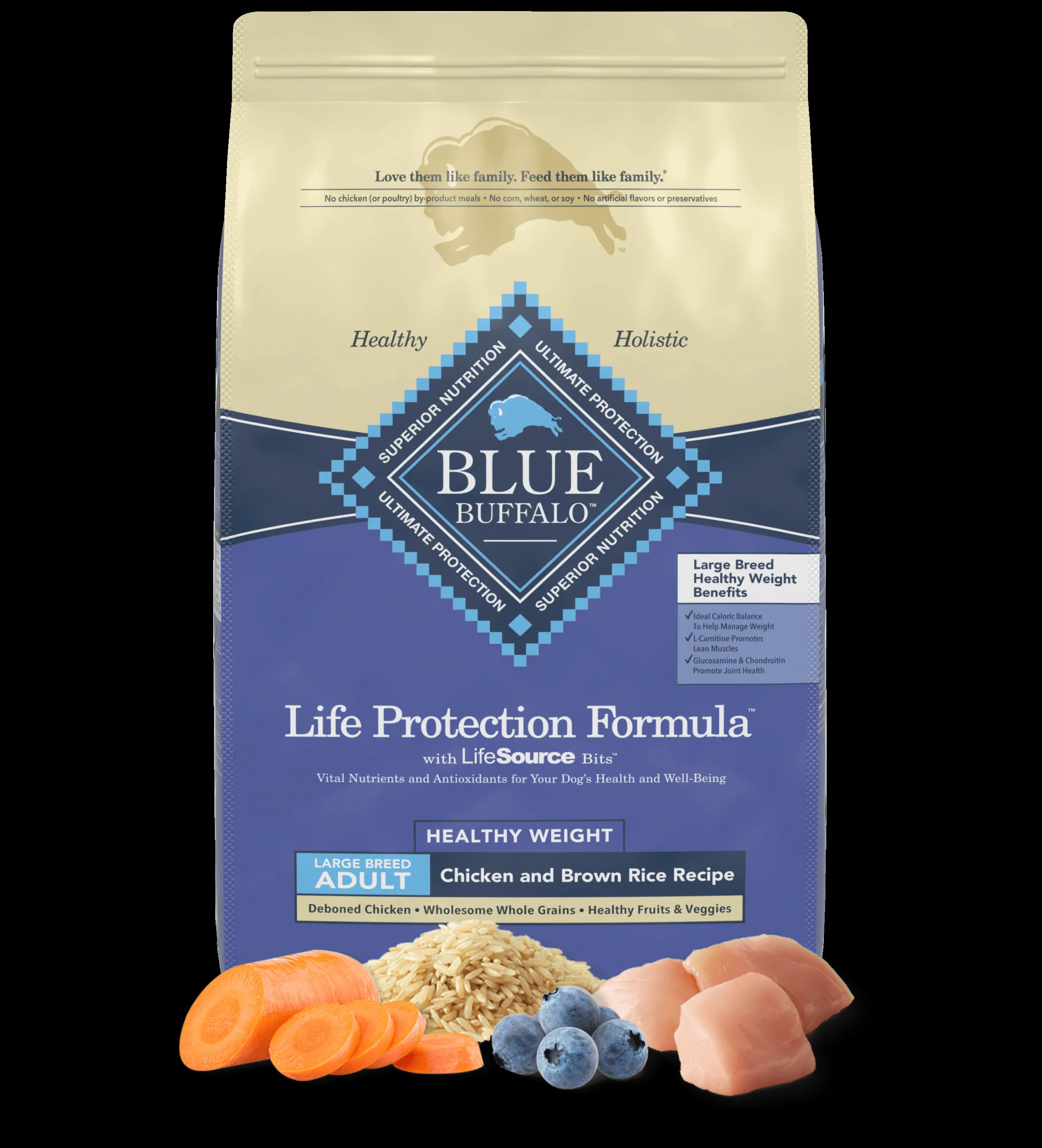 Large bag of Blue Buffalo Healthy Weight Chicken and Brown Rice dog food for large breeds