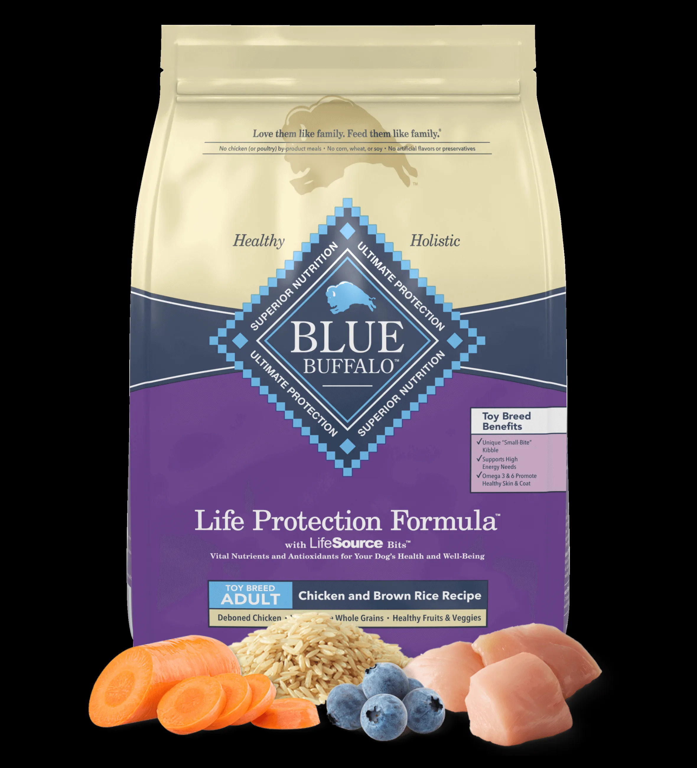 Large bag of Blue Buffalo Life Protection Formula Chicken and Brown Rice for toy breed adult dogs