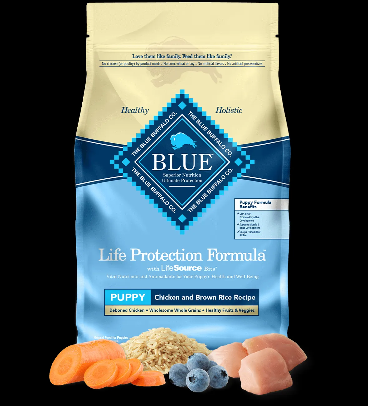 Large bag of Blue Buffalo Life Protection Formula Puppy Chicken and Brown Rice Dry Dog Food