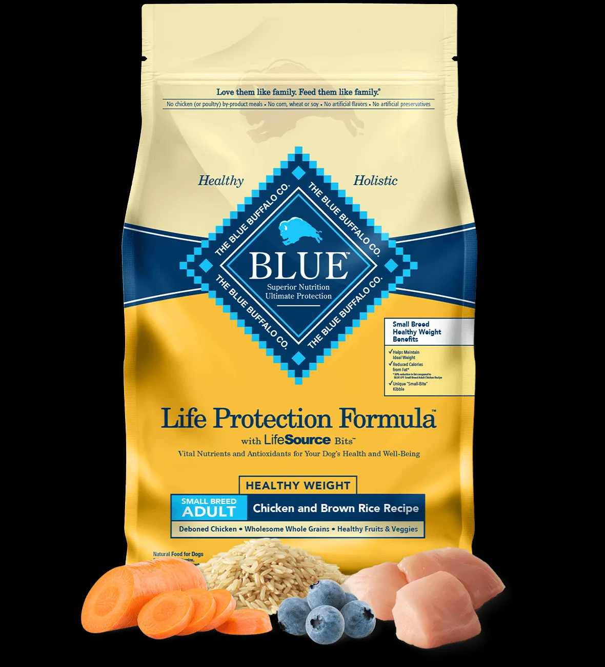 Large bag of Blue Buffalo Life Protection Formula Small Breed Healthy Weight Chicken and Brown Rice dry dog food