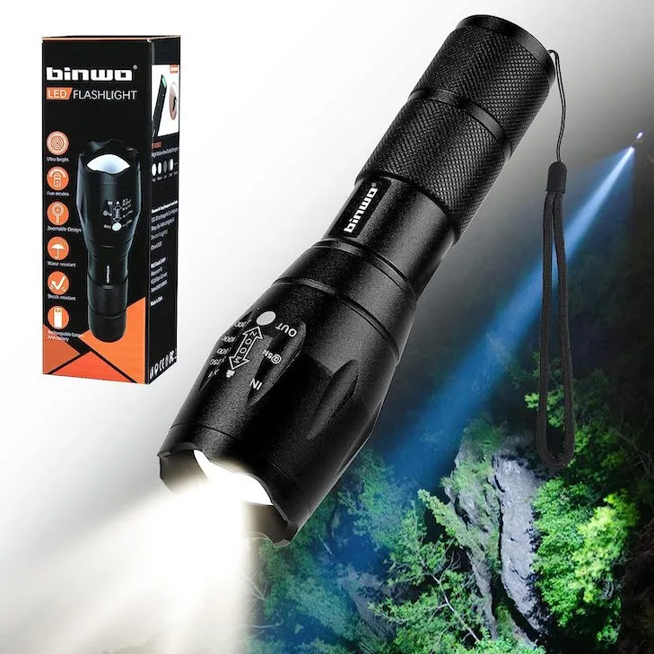 LED tactical flashlight for emergency use, featuring multiple light modes