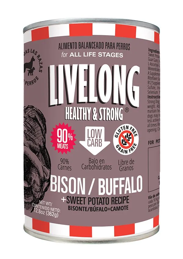 Livelong Healthy & Strong Bison and Sweet Potato wet dog food in a bowl, promoting a live long healthy and strong dog.