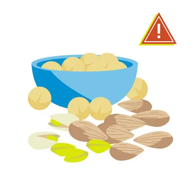 Macadamia nuts, almonds, and pistachios, highlighting their dangers to dogs