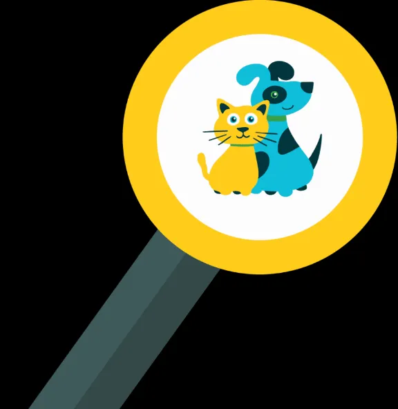 Magnifying glass with a cat and dog, symbolizing a search for pet adoption shelters