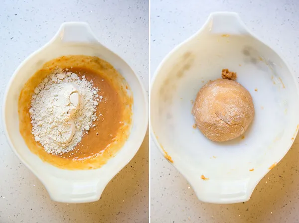 Making dough for sweet potato dog treats, illustrating the process of combining ingredients and achieving the right consistency.