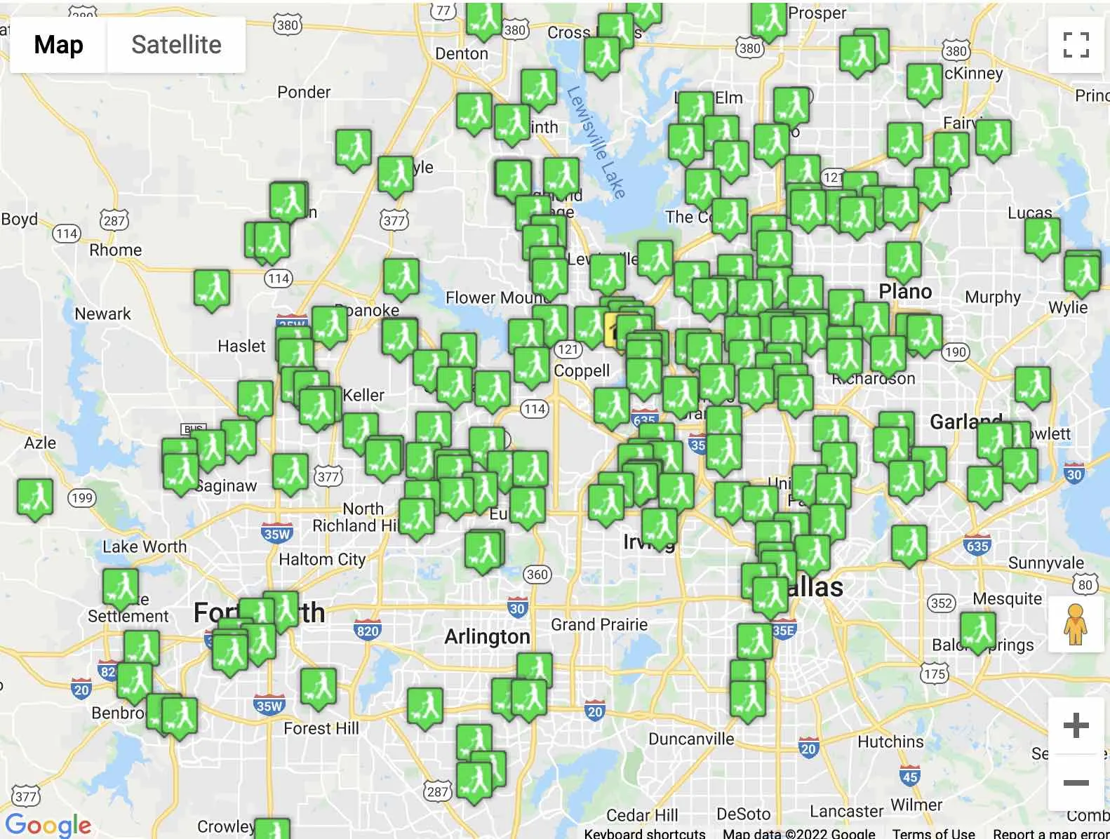 Map illustrating DFW Pet Sitting's extensive coverage with over 200 local dog walker and pet sitter locations across the Dallas-Fort Worth Metroplex.