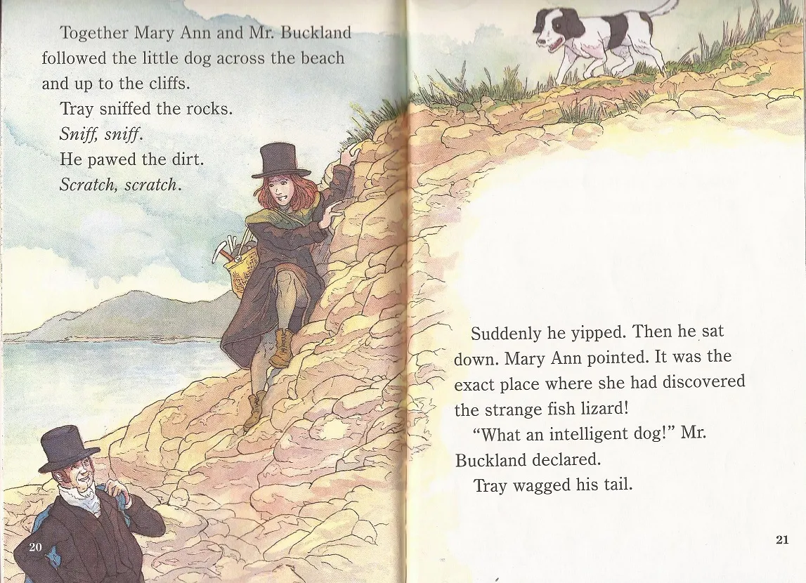 Mary Anning, accompanied by her dog, discussing a fossil find with Reverend William Buckland in an illustration from 'The Dog Who Dug for Dinosaurs', capturing a moment of scientific collaboration