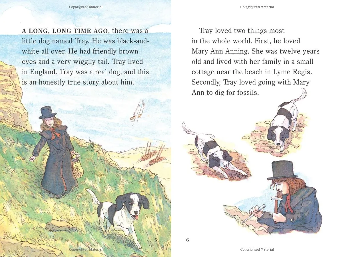Mary Anning and her faithful dog Tray, depicted in an illustration from 'The Dog Who Dug for Dinosaurs', searching for fossils on the Jurassic Coast