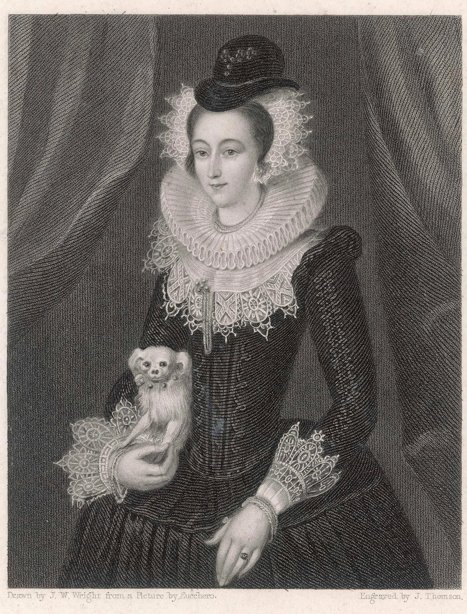 Mary, Queen of Scots, in historical attire, with a small white Maltese dog on her lap