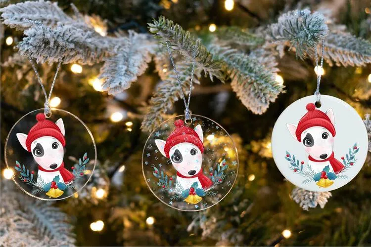 Merry Bull Terrier Christmas ornaments in three background options - transparent, transparent with holographic stars, and solid white.