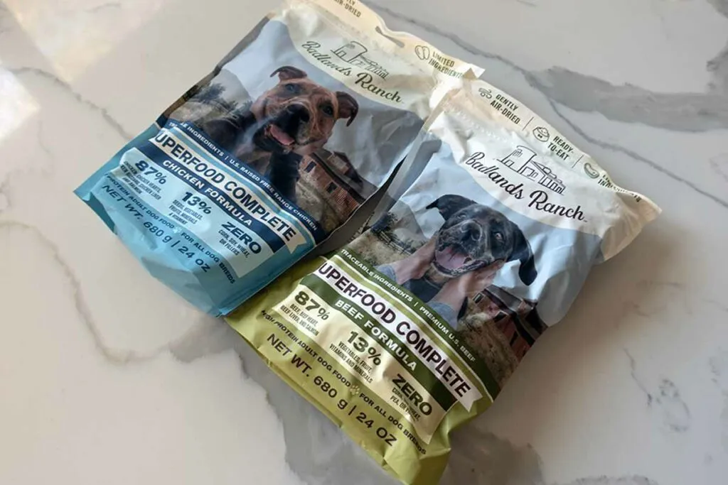Multiple bags of Badlands Ranch dog food illustrating convenient storage and portability