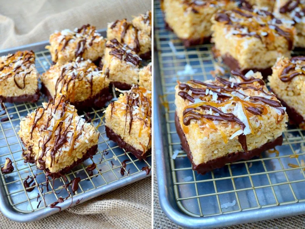 Multiple Samoa Rice Krispie Treats with chocolate drizzle and coconut, highlighting the attractive but potentially harmful ingredients for dogs.