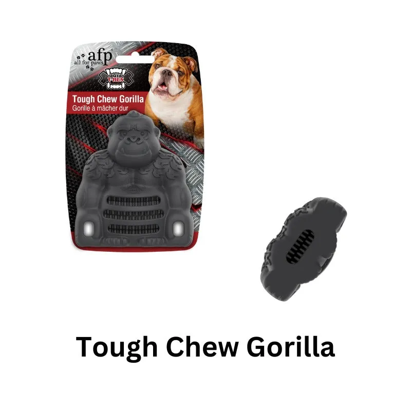My T-Rex Tough Chew Gorilla dog toy with treat-holding holes