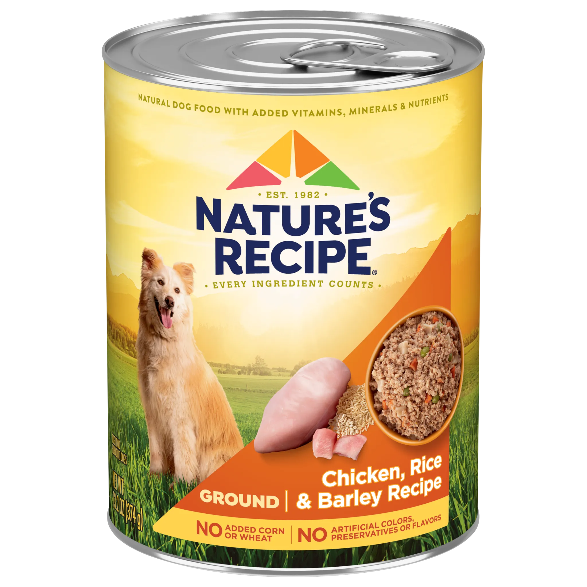 Nature's Recipe Chicken, Barley, and Rice Wet Dog Food, a grain-inclusive whole grain formula