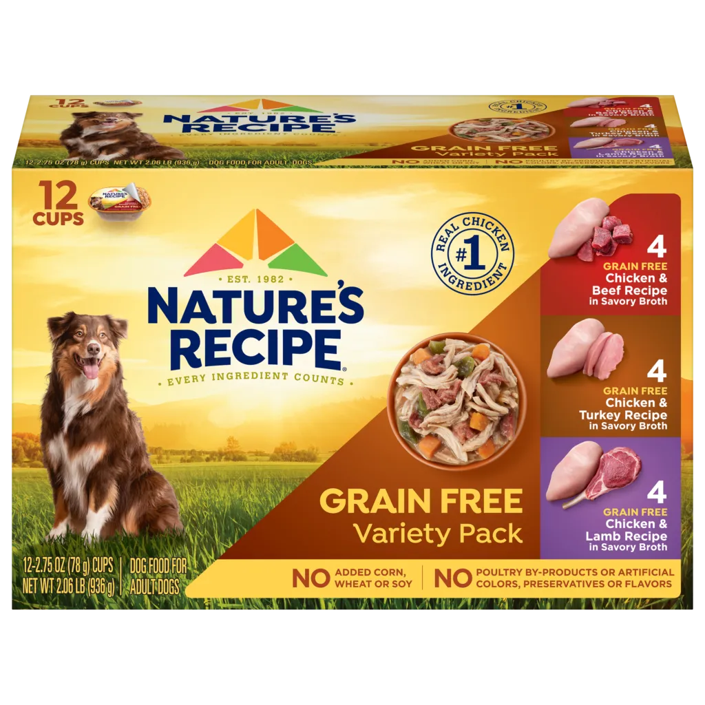 Nature's Recipe Grain Free Wet Dog Food variety pack featuring chicken, beef, turkey, and lamb flavors in cups.
