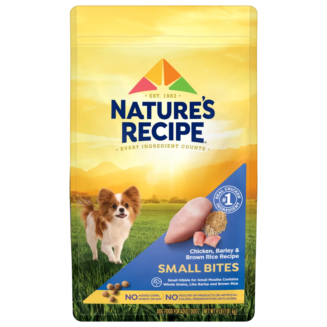 Nature's Recipe Small Bites dry dog food featuring chicken, barley, and brown rice for balanced nutrition