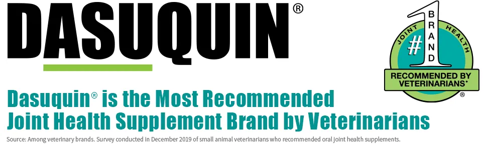Nutramax Dasuquin logo, highlighting its status as the top veterinarian-recommended joint health brand for dogs.