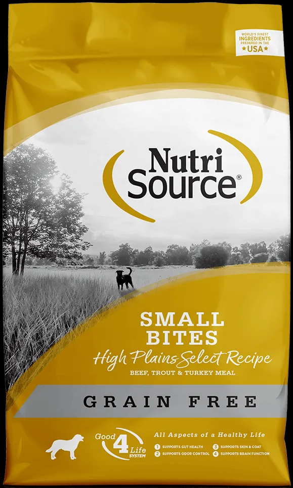 NutriSource Grain-Free Small Bites recipe bag, relevant for considering specific dietary needs alongside weight management