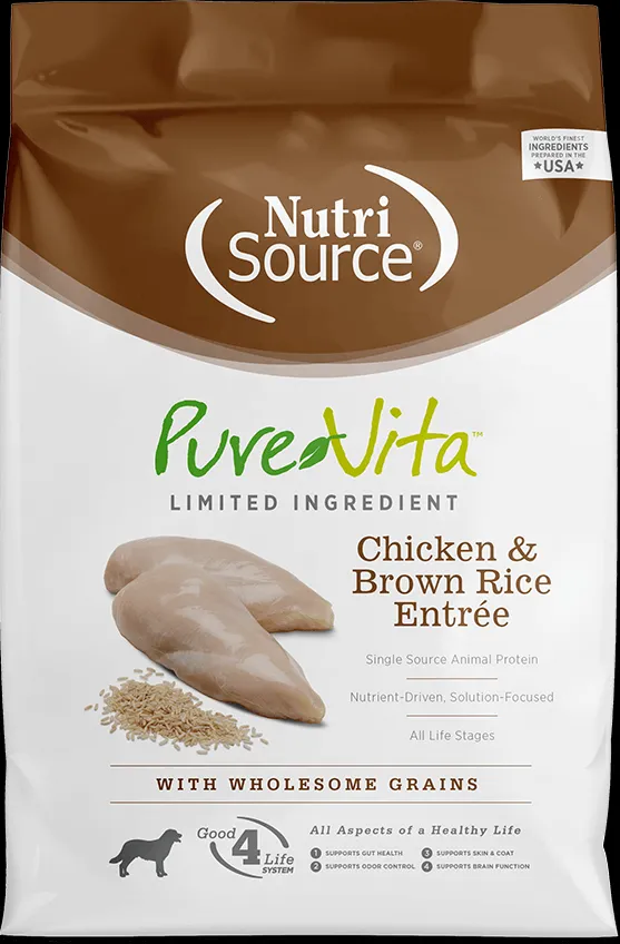 NutriSource PureVita Chicken and Brown Rice Entree dry dog food bag, illustrating premium limited ingredient formula for sensitive dogs.