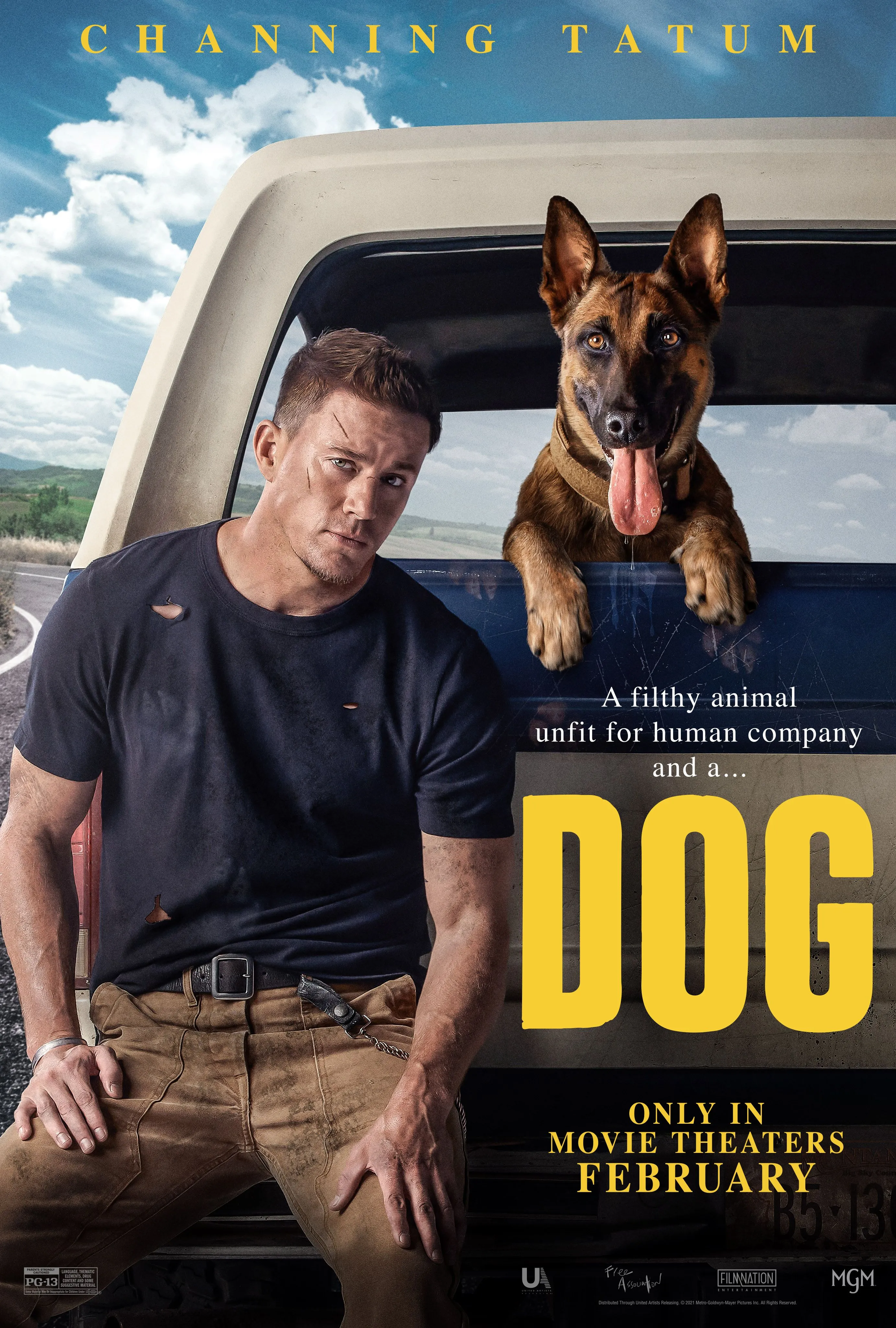 Official movie poster for "Dog" (2022), starring and directed by Channing Tatum, a film partly inspired by a true story.