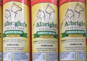 Packaging for Albright's Raw Dog Food Chicken Recipe, highlighting the product involved in the 2020 Salmonella recall, relevant for Albright's raw dog food reviews.