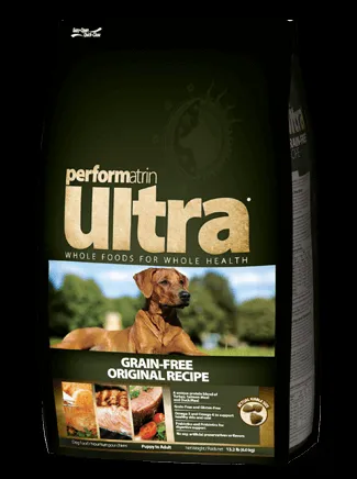 Performatrin Ultra Grain Free Original Recipe dry dog food bag, highly recommended for quality