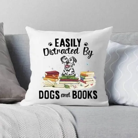 Personalized pillow with "Dogs & Books" theme for a dog sitter
