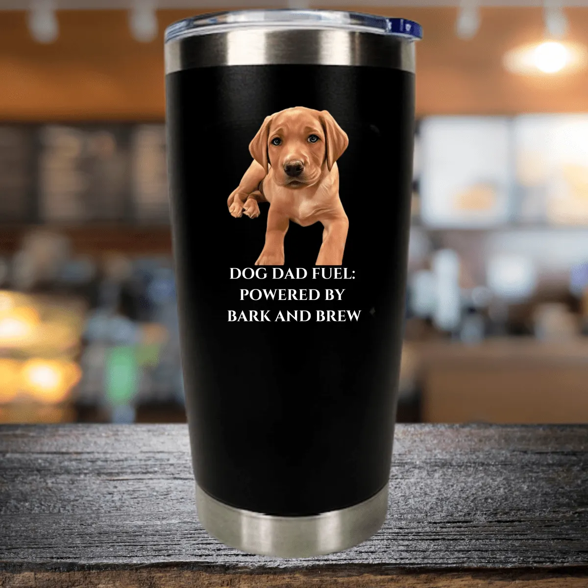 Personalized tumbler with "Dog Dad Fuel" text and a dog's photo, a practical Christmas present from dog to dad